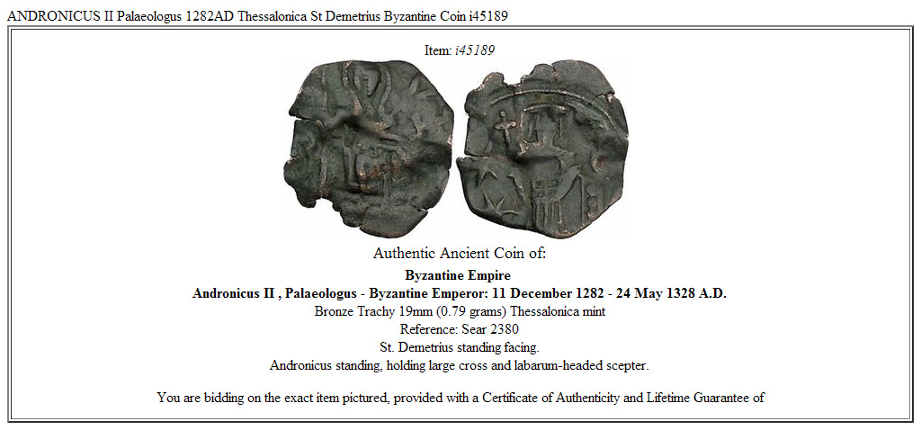 ANDRONICUS II Palaeologus 1282AD Thessalonica St Demetrius Byzantine Coin i45189