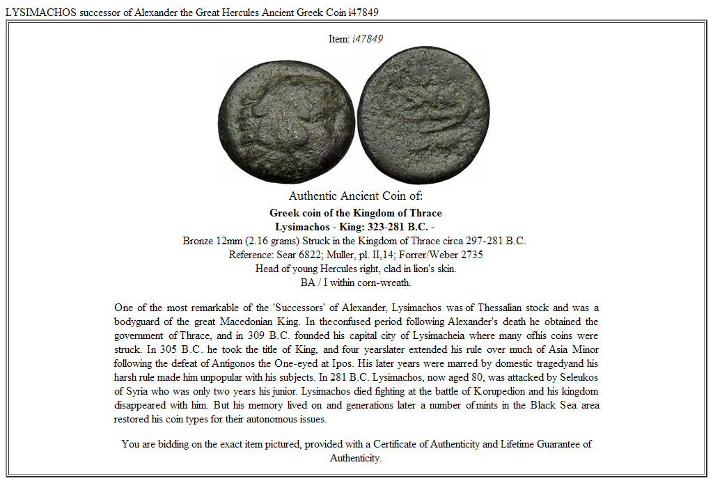 LYSIMACHOS successor of Alexander the Great Hercules Ancient Greek Coin i47849