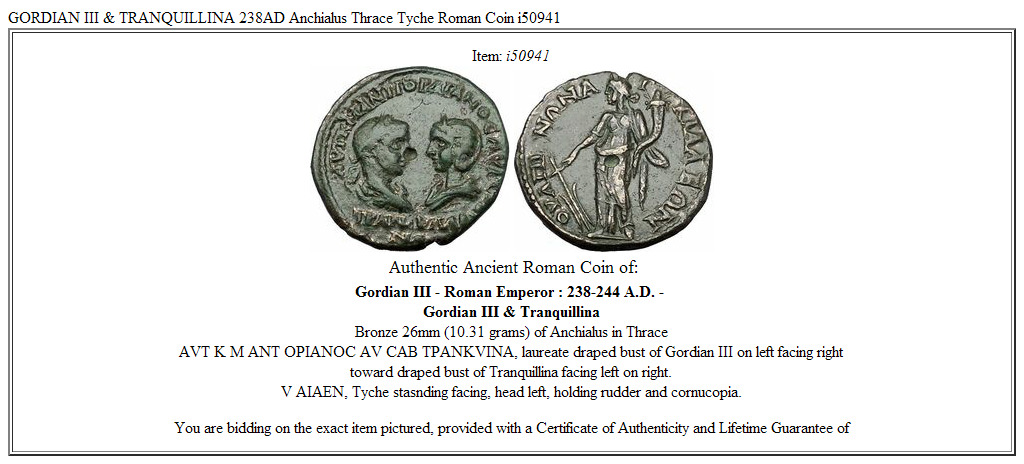 GORDIAN III & TRANQUILLINA 238AD Anchialus Thrace Tyche Roman Coin i50941