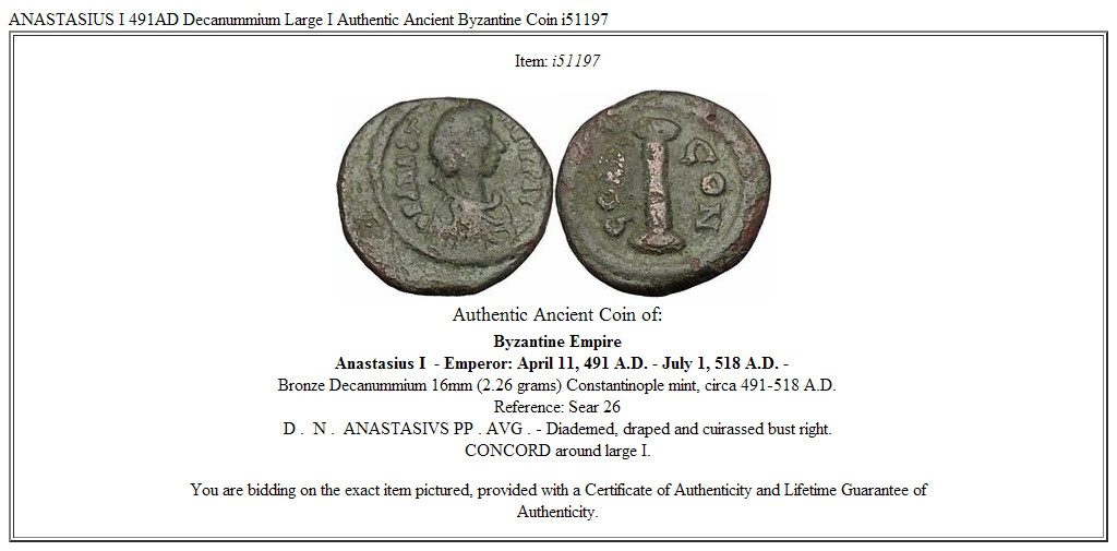 ANASTASIUS I 491AD Decanummium Large I Authentic Ancient Byzantine Coin i51197