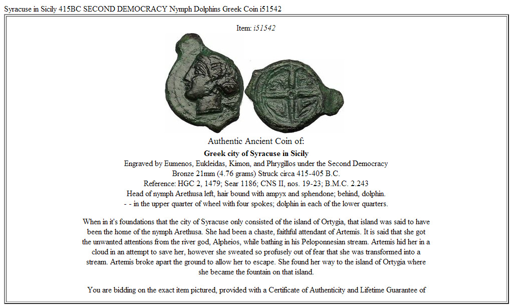 Syracuse in Sicily 415BC SECOND DEMOCRACY Nymph Dolphins Greek Coin i51542