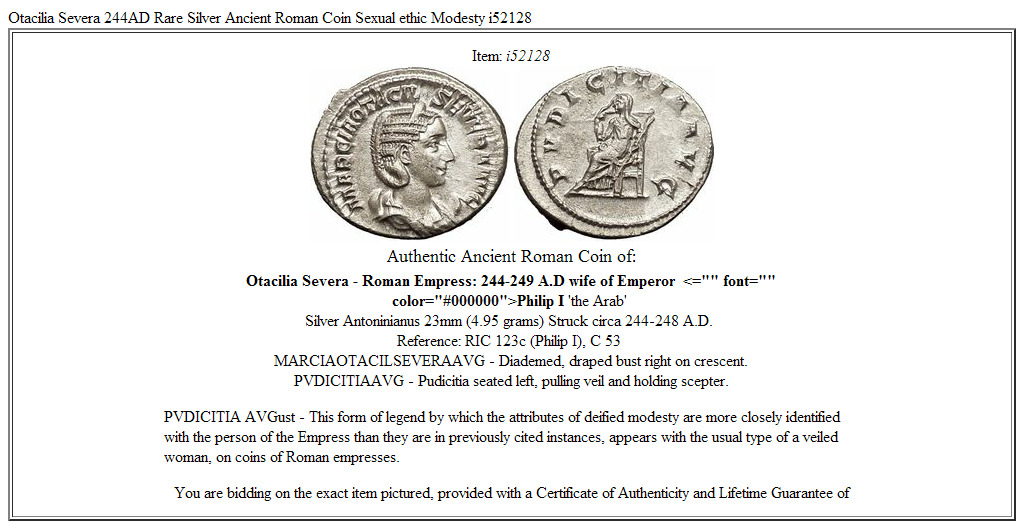 Otacilia Severa 244AD Rare Silver Ancient Roman Coin Sexual ethic Modesty i52128