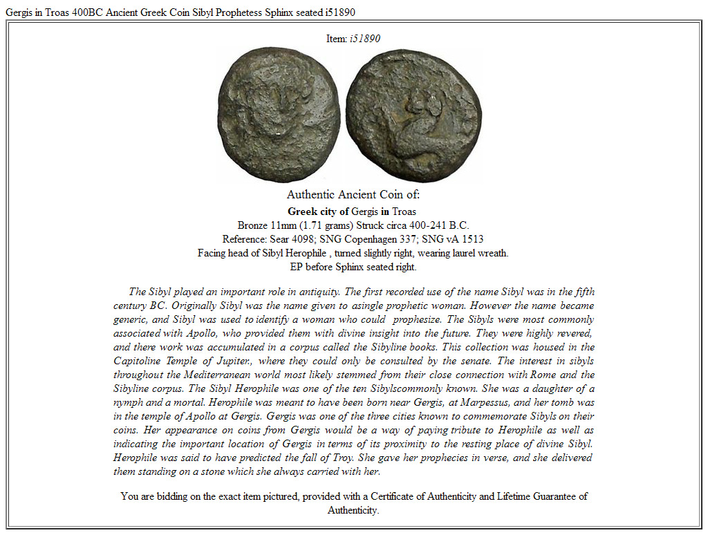 Gergis in Troas 400BC Ancient Greek Coin Sibyl Prophetess Sphinx seated i51890