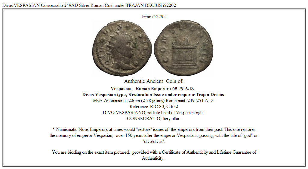 Divus VESPASIAN Consecratio 249AD Silver Roman Coin under TRAJAN DECIUS i52202