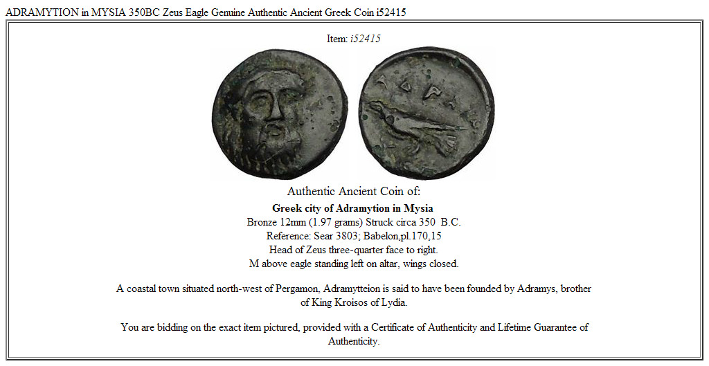 ADRAMYTION in MYSIA 350BC Zeus Eagle Genuine Authentic Ancient Greek Coin i52415