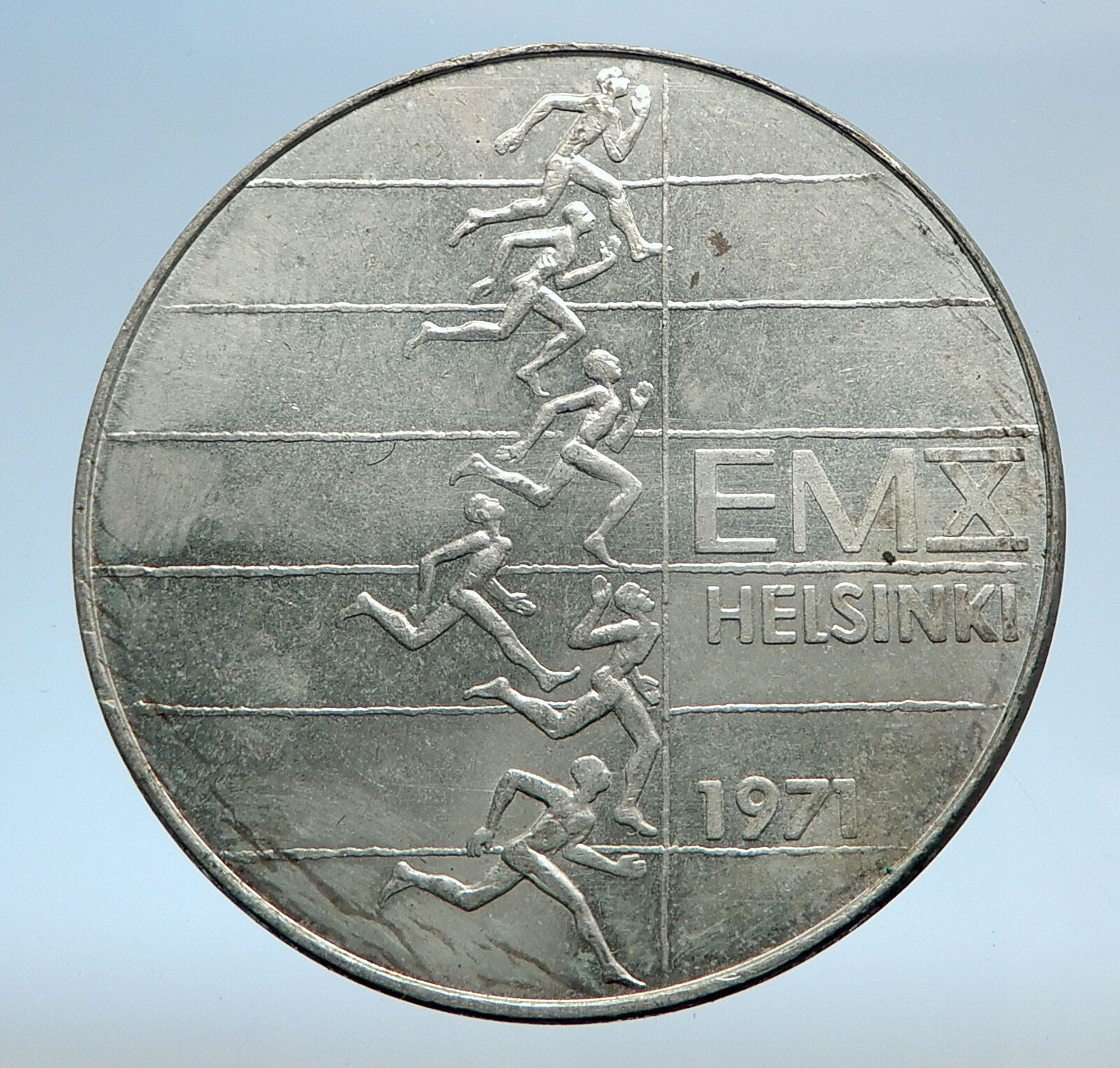 1971 FINLAND European Athletic Games TRACK Antique Silver 10 Markkaa Coin i74026