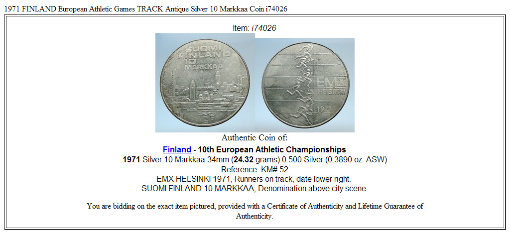 1971 FINLAND European Athletic Games TRACK Antique Silver 10 Markkaa Coin i74026