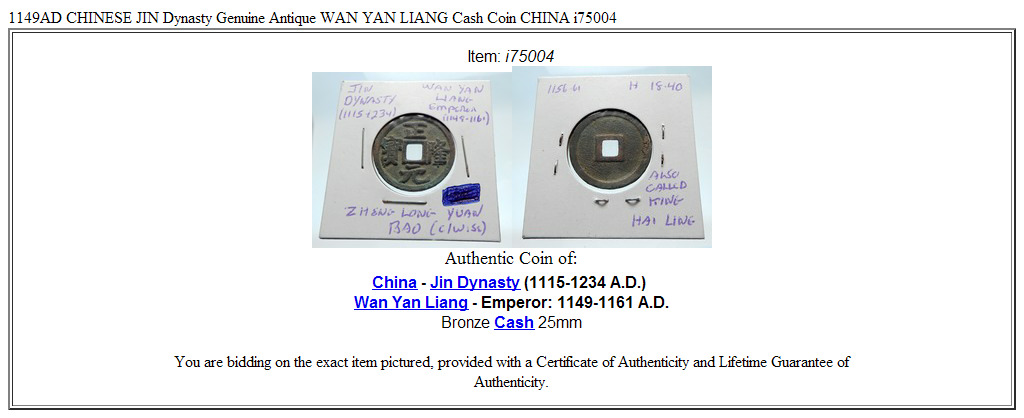 1149AD CHINESE JIN Dynasty Genuine Antique WAN YAN LIANG Cash Coin CHINA i75004