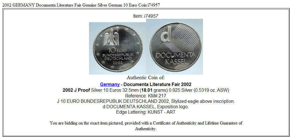 2002 GERMANY Documenta Literature Fair Genuine Silver German 10 Euro Coin i74957