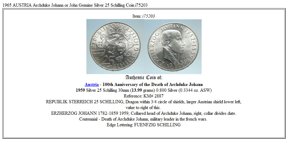 1965 AUSTRIA Archduke Johann or John Genuine Silver 25 Schilling Coin i75203