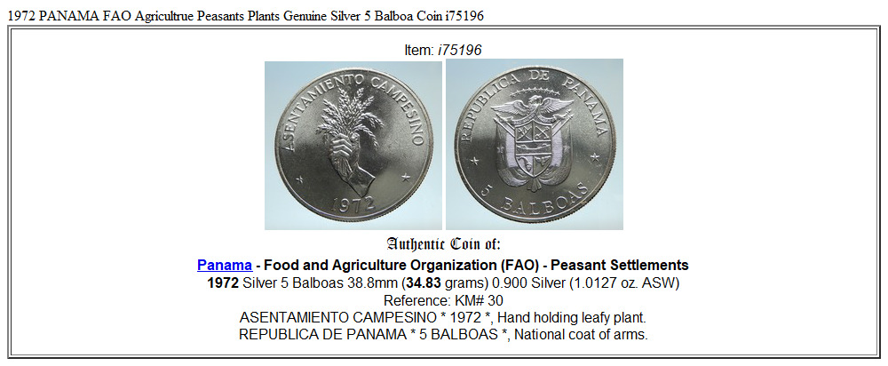 1972 PANAMA FAO Agricultrue Peasants Plants Genuine Silver 5 Balboa Coin i75196