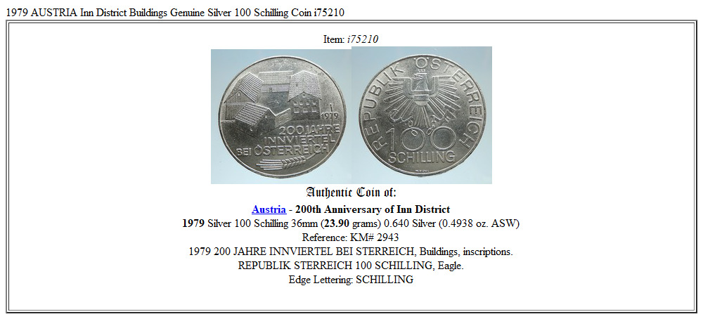 1979 AUSTRIA Inn District Buildings Genuine Silver 100 Schilling Coin i75210