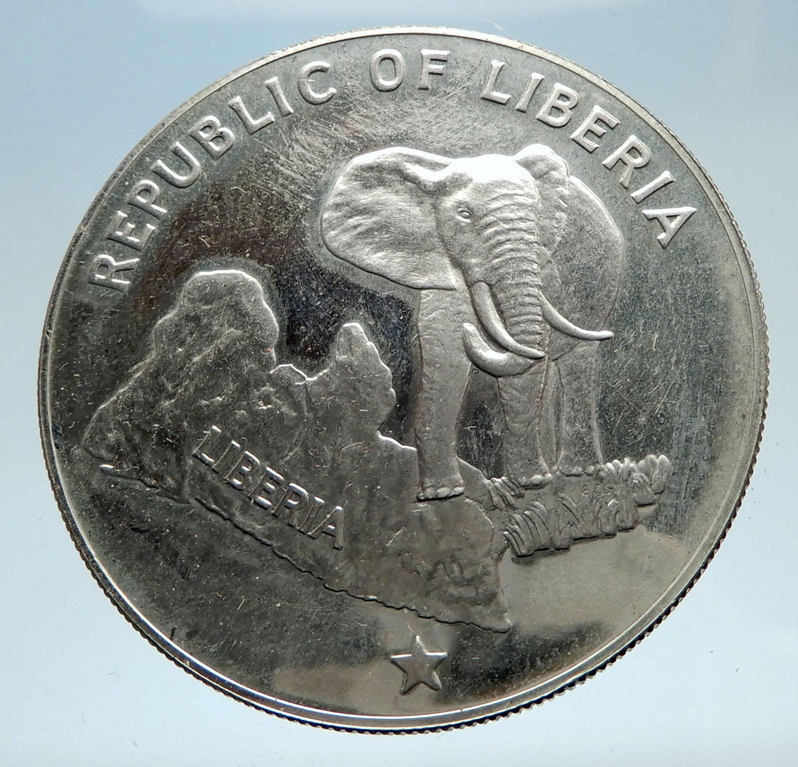 1974 LIBERIA State Map with Elephant Antique Genuine Proof Silver $5 Coin i75198