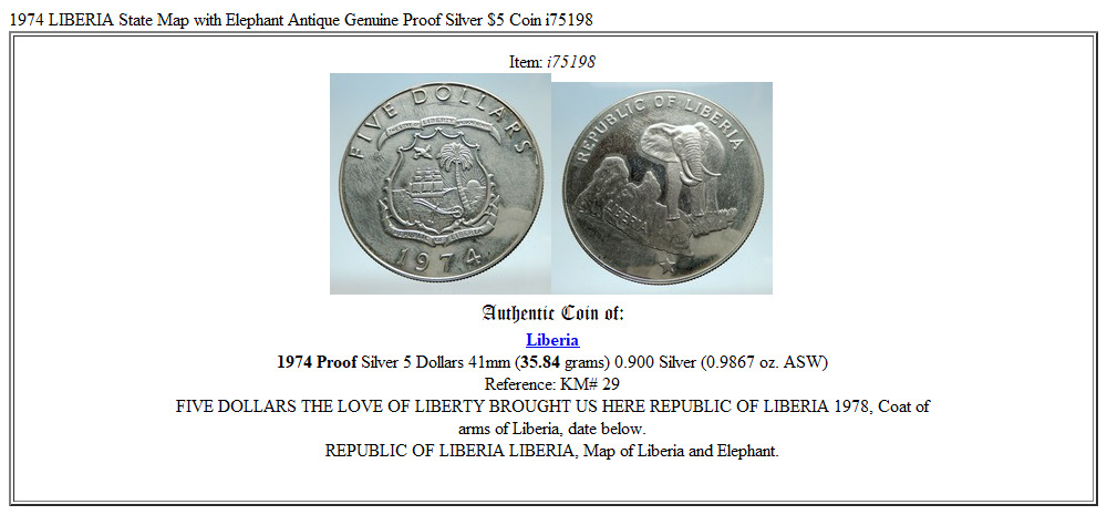 1974 LIBERIA State Map with Elephant Antique Genuine Proof Silver $5 Coin i75198