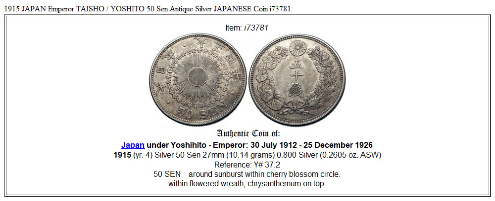 1915 JAPAN Emperor TAISHO / YOSHITO 50 Sen Antique Silver JAPANESE Coin i73781