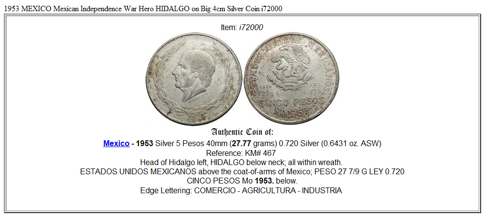 1953 MEXICO Mexican Independence War Hero HIDALGO on Big 4cm Silver Coin i72000