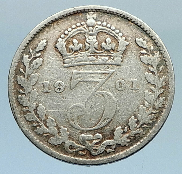 1901 UK Great Britain United Kingdom QUEEN VICTORIA 3 Pence Silver Coin i74321