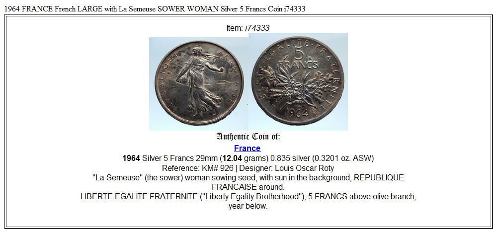 1964 FRANCE French LARGE with La Semeuse SOWER WOMAN Silver 5 Francs Coin i74333