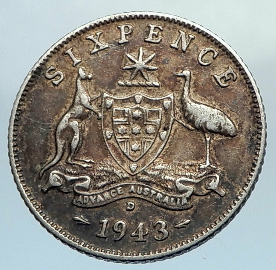 1943 AUSTRALIA King George VI Kangaroos Antique Silver Sixpence Coin i74370