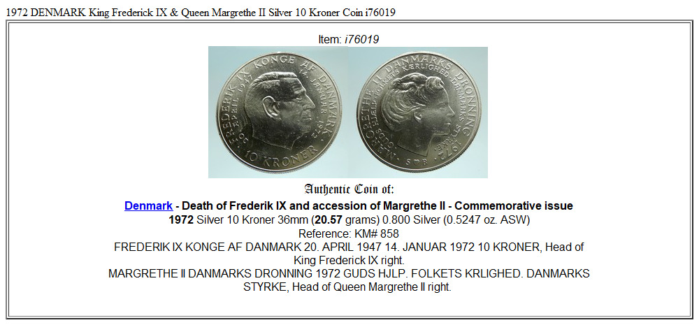 1972 DENMARK King Frederick IX & Queen Margrethe II Silver 10 Kroner Coin i76019