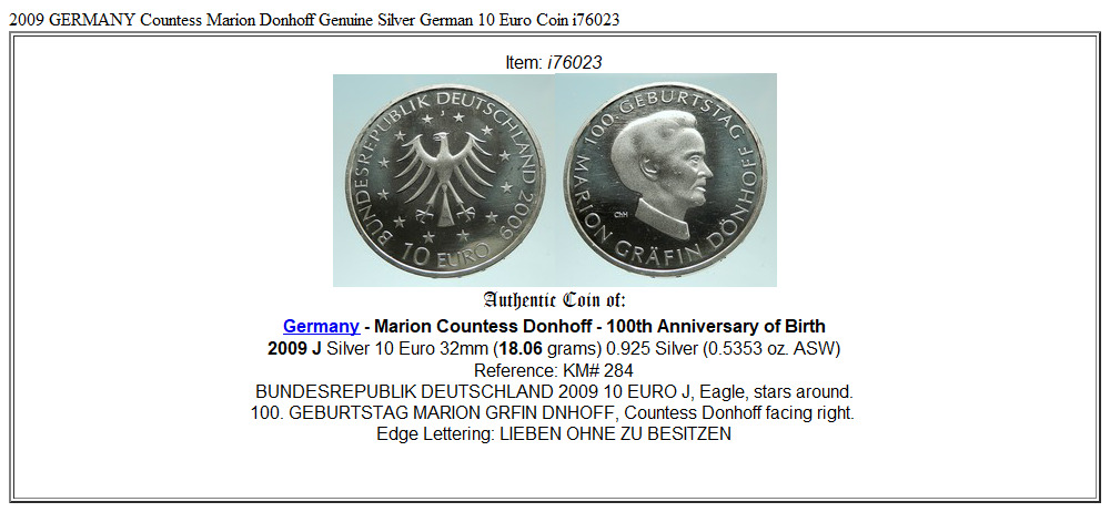 2009 GERMANY Countess Marion Donhoff Genuine Silver German 10 Euro Coin i76023