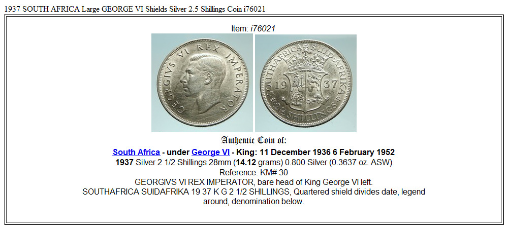 1937 SOUTH AFRICA Large GEORGE VI Shields Silver 2.5 Shillings Coin i76021