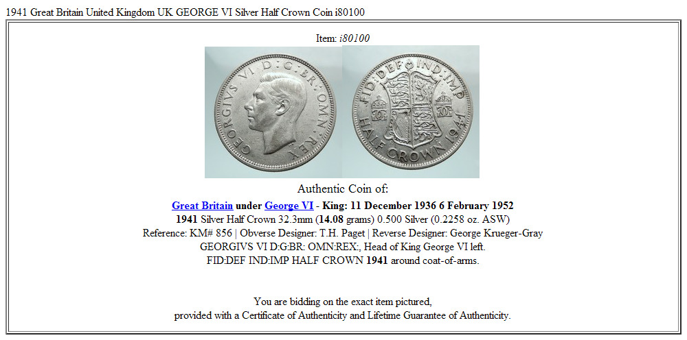 1941 Great Britain United Kingdom UK GEORGE VI Silver Half Crown Coin i80100