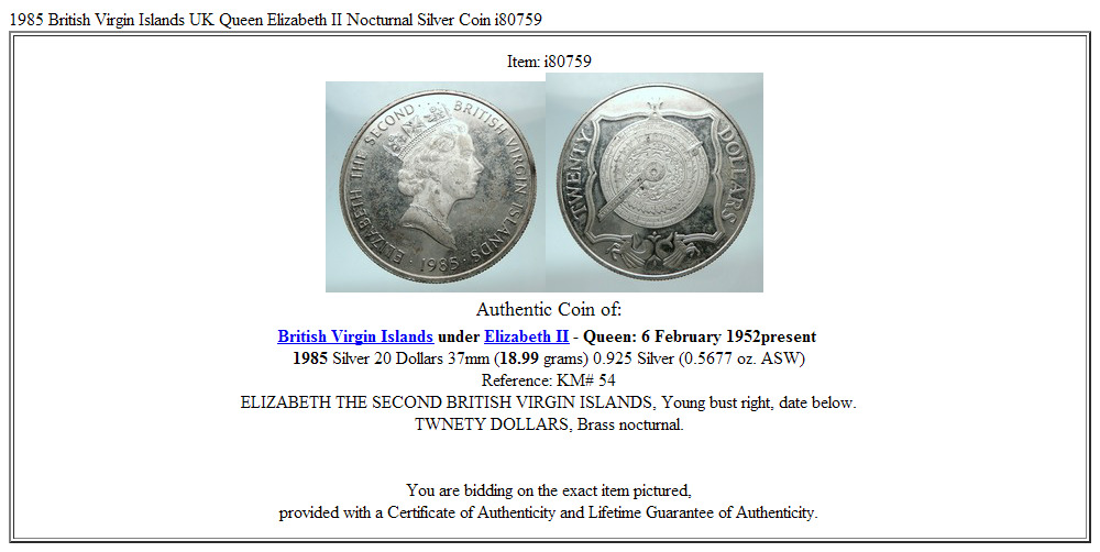 1985 British Virgin Islands UK Queen Elizabeth II Nocturnal Silver Coin i80759