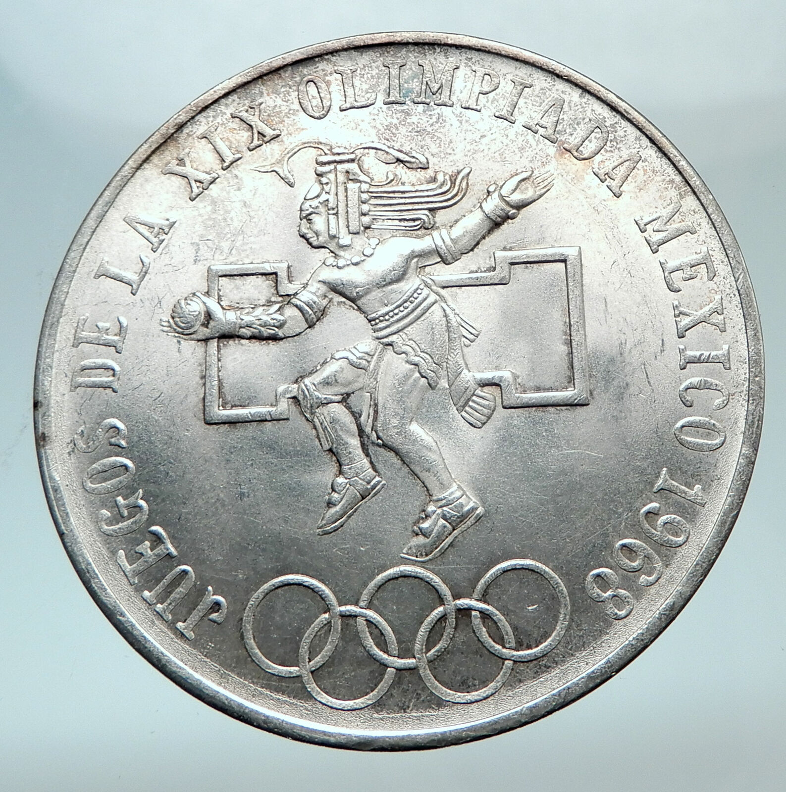 1968 Mexico XIX Olympic Games Aztec Ball Player BIG 25 Pesos Silver Coin i80757