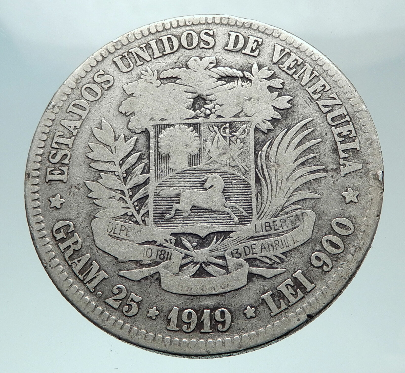 1919 Freemason President Simon Bolivar VENEZUELA Founder Silver Coin i80850