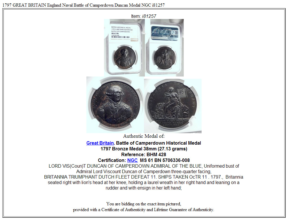 1797 GREAT BRITAIN England Naval Battle of Camperdown Duncan Medal NGC i81257