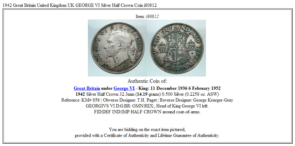 1942 Great Britain United Kingdom UK GEORGE VI Silver Half Crown Coin i80812