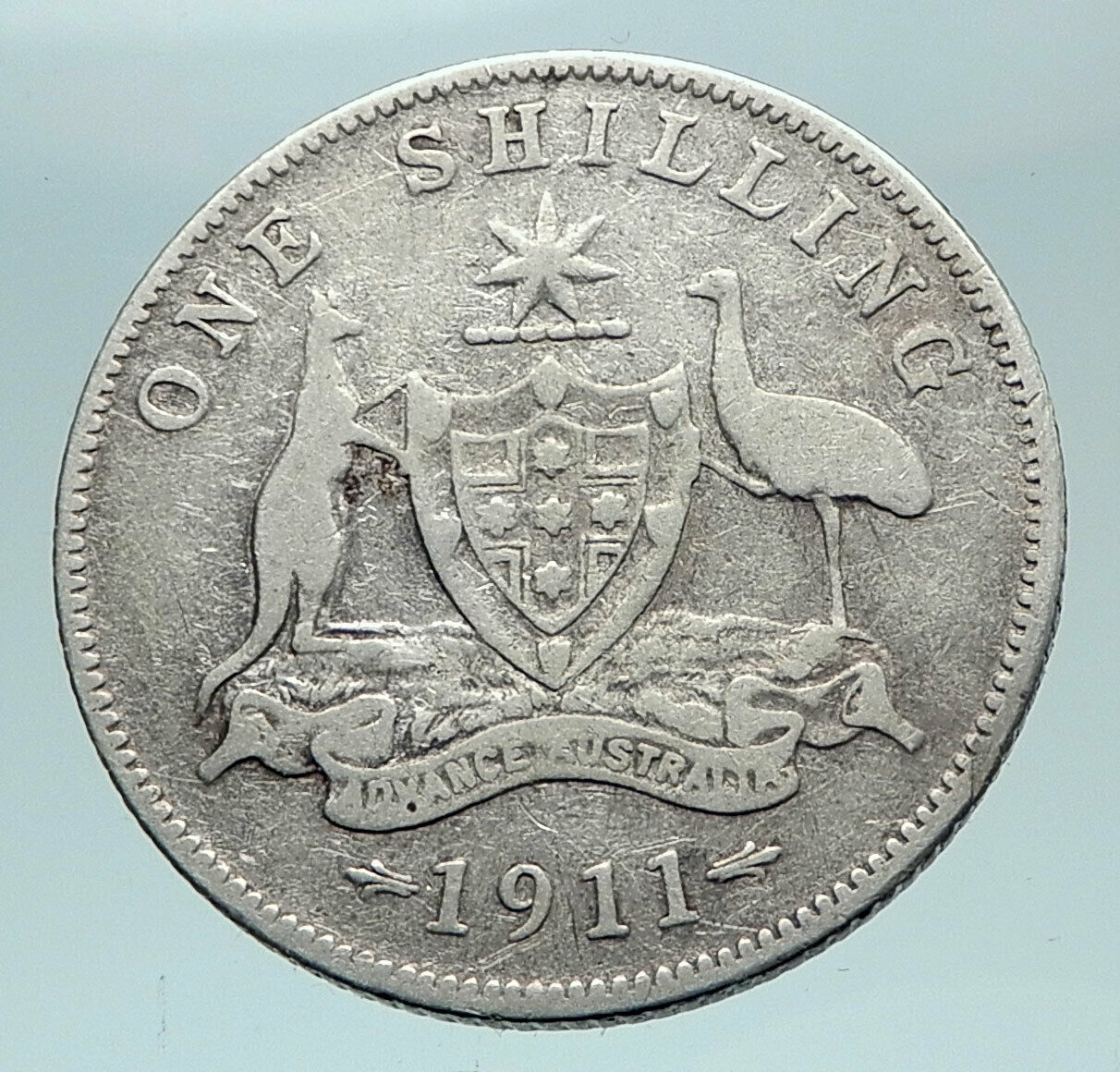 1911 AUSTRALIA UK King George V KANGAROO Genuine Silver Shilling Coin i80984