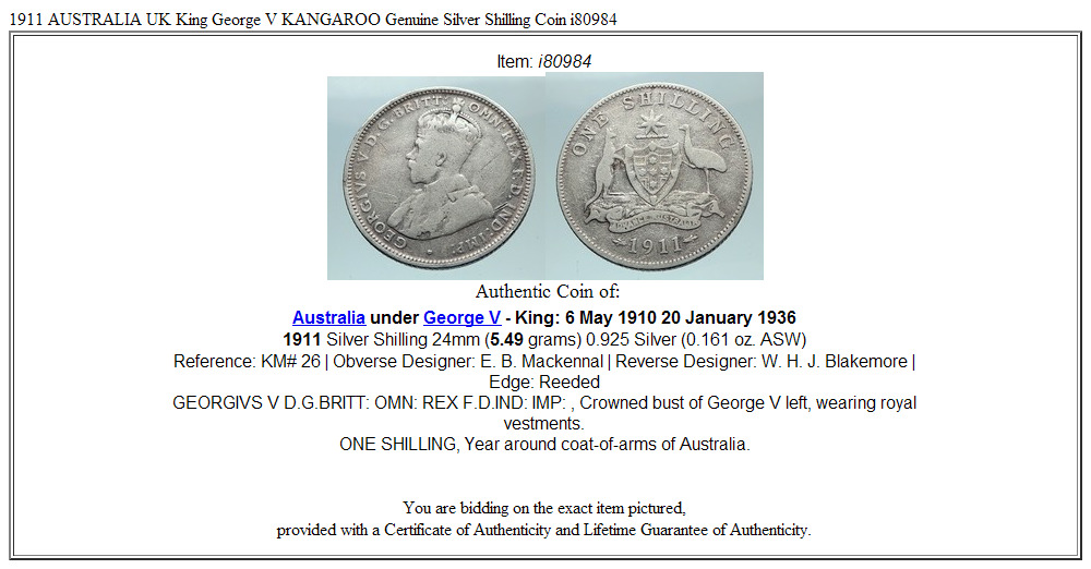 1911 AUSTRALIA UK King George V KANGAROO Genuine Silver Shilling Coin i80984