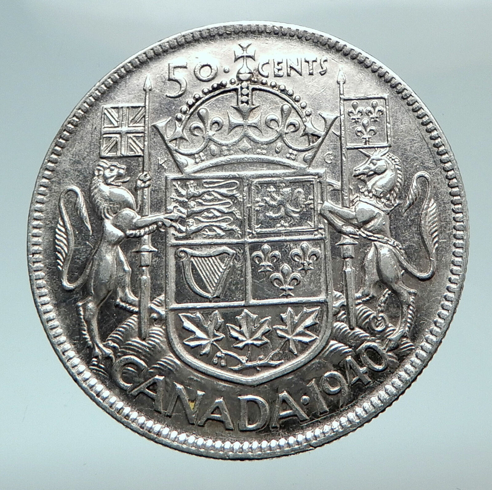 1940 CANADA UK King GEORGE VI Coat-of-Arms Large SILVER 50 Cents Coin i81038