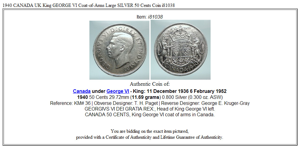 1940 CANADA UK King GEORGE VI Coat-of-Arms Large SILVER 50 Cents Coin i81038