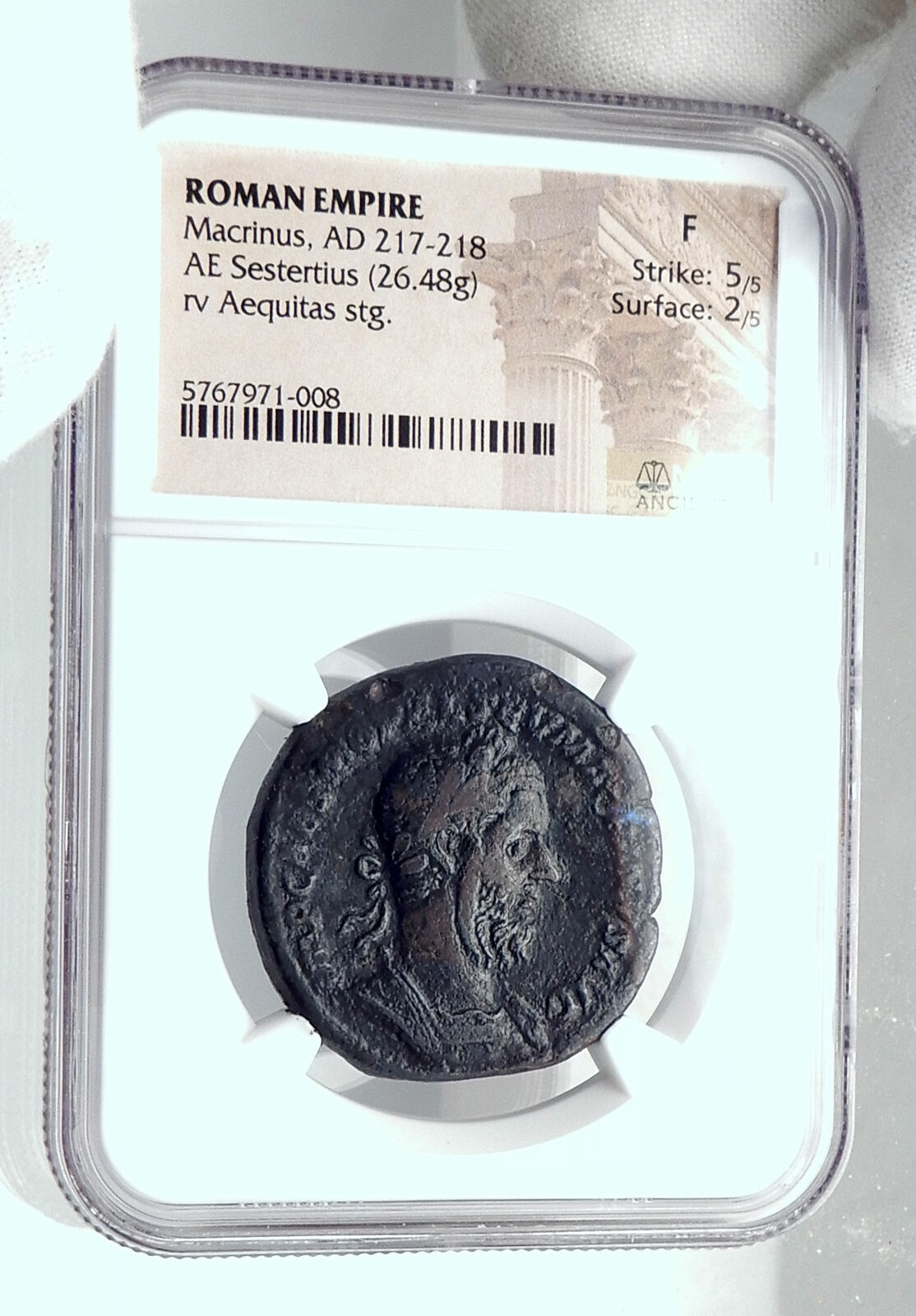 MACRINUS Authentic Ancient 217AD Rome Sestertius Roman Coin AEQUITAS NGC i81444