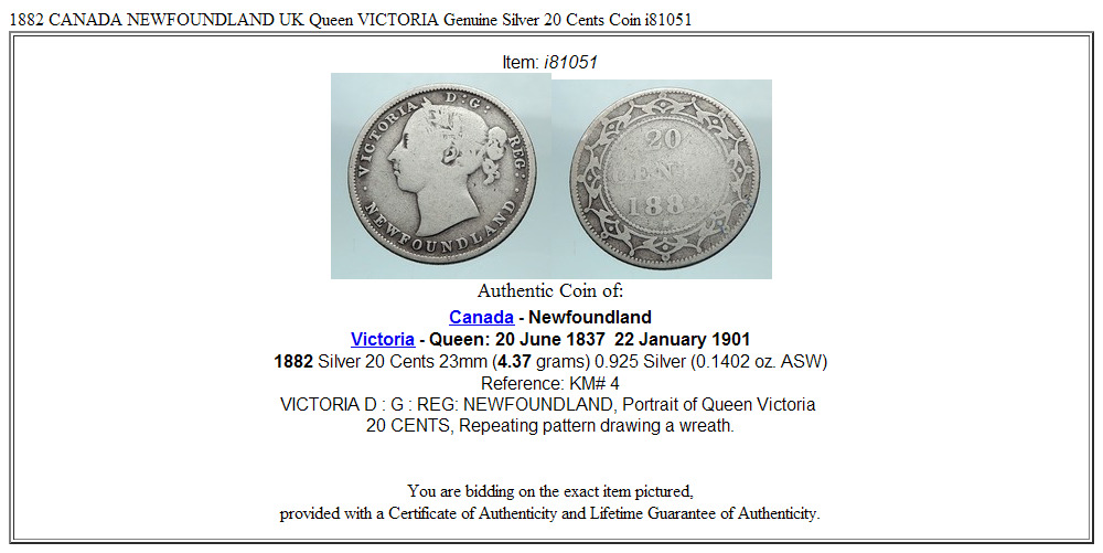 1882 CANADA NEWFOUNDLAND UK Queen VICTORIA Genuine Silver 20 Cents Coin i81051