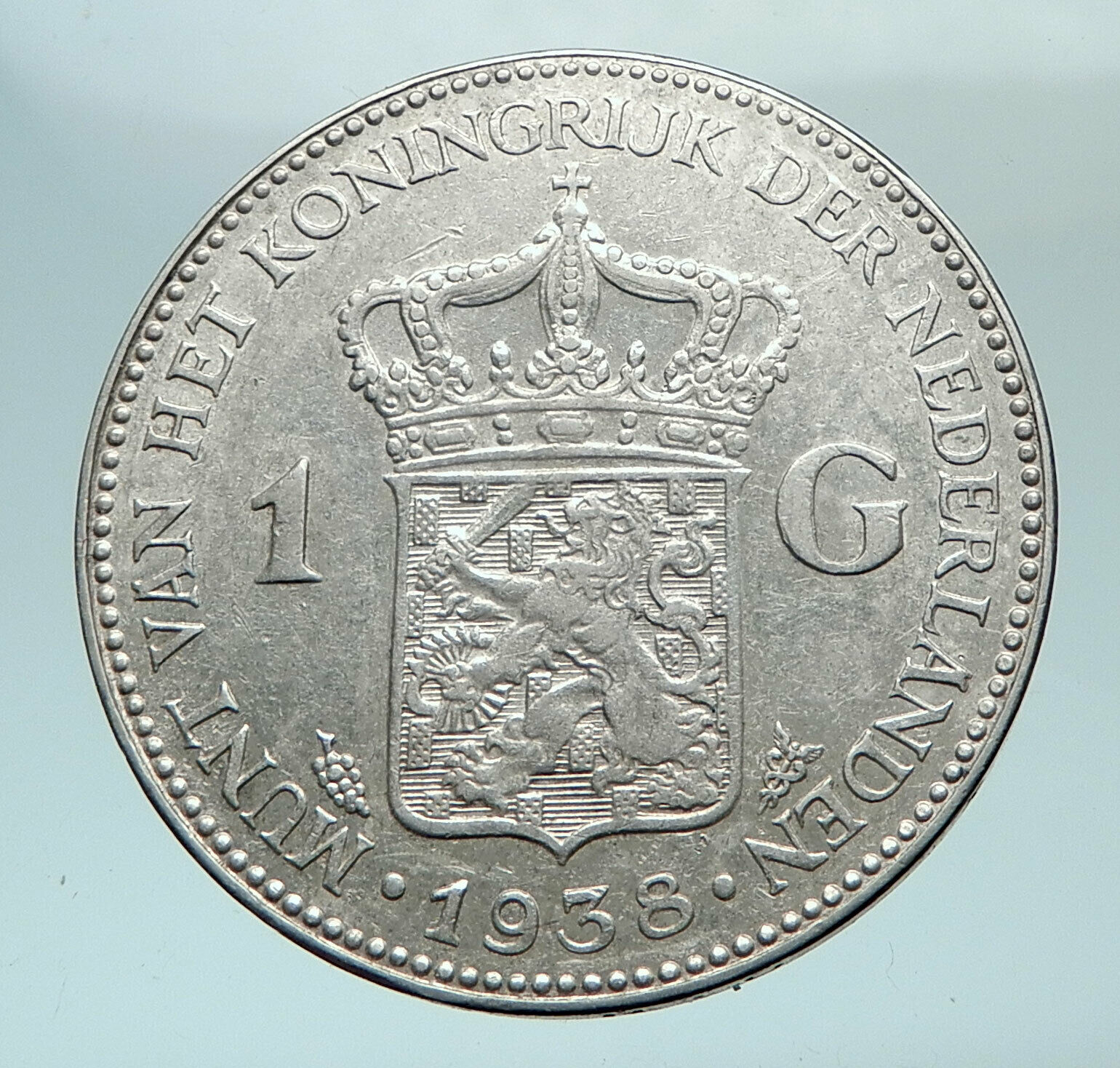 1938 Netherlands Kingdom w Queen WILHELMINA Antique Silver 1 Gulden Coin i81047