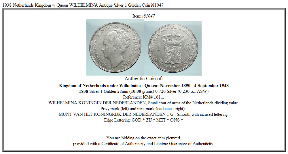 1938 Netherlands Kingdom w Queen WILHELMINA Antique Silver 1 Gulden Coin i81047