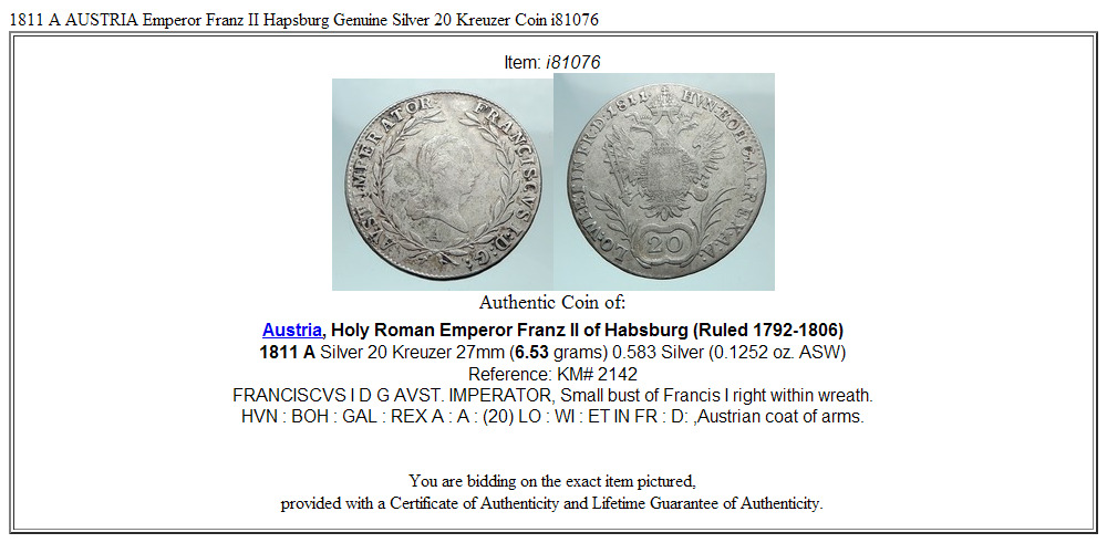 1811 A AUSTRIA Emperor Franz II Hapsburg Genuine Silver 20 Kreuzer Coin i81076