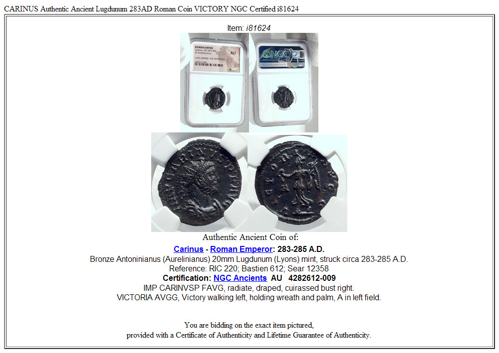 CARINUS Authentic Ancient Lugdunum 283AD Roman Coin VICTORY NGC Certified i81624