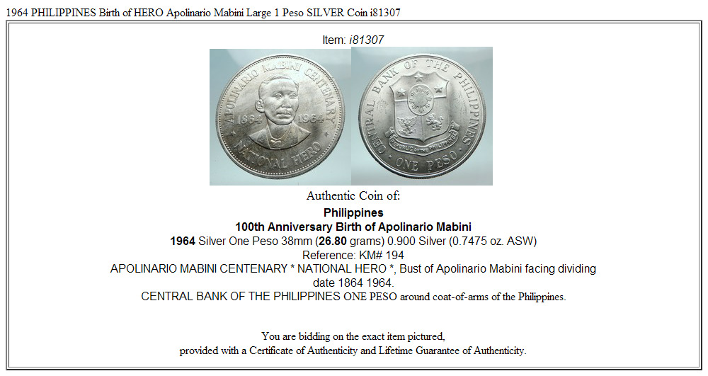 1964 PHILIPPINES Birth of HERO Apolinario Mabini Large 1 Peso SILVER Coin i81307