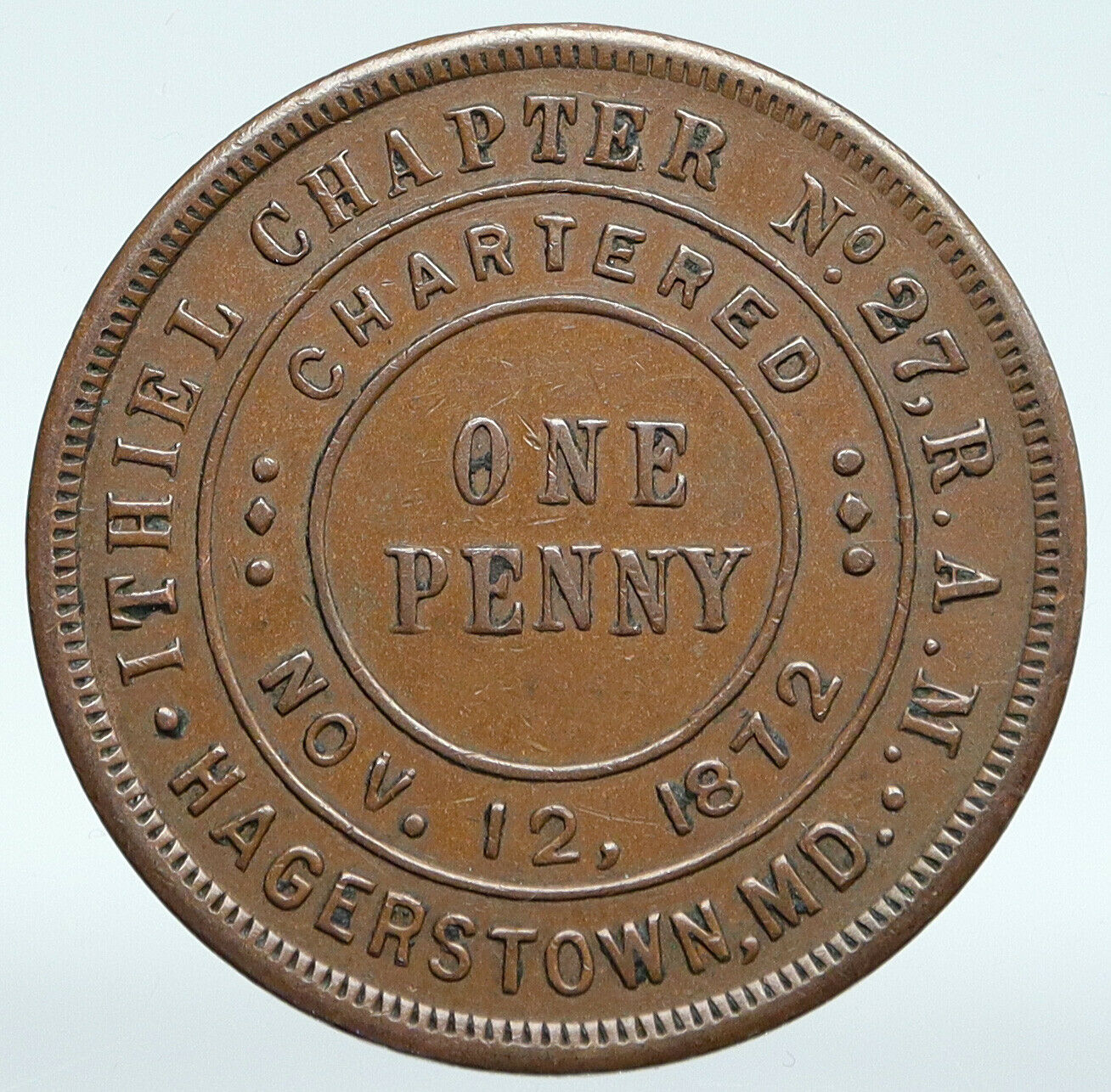 USA FREEMASON Hagerstown MARYLAND Chapter No 27 Penny Masonic Penny Token i89395