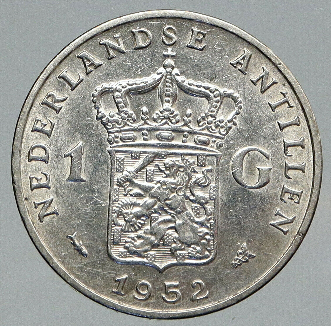 1952 NETHERLANDS ANTILLES Queen JULIANA Antique OLD SILVER Gulden Coin i91682