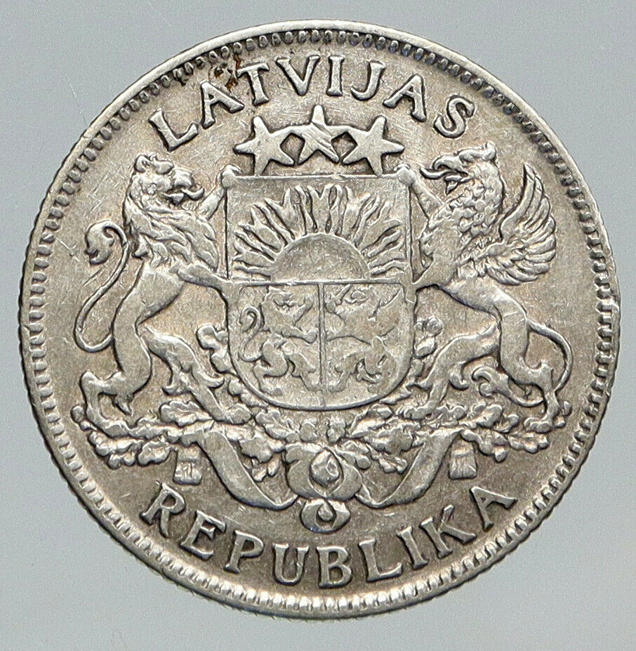 1924 LATVIA Lions & Shield ANTIQUE Vintage OLD Silver European Lats Coin i91688