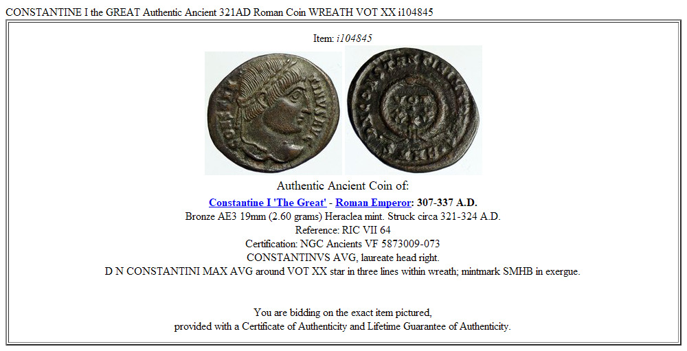 CONSTANTINE I the GREAT Authentic Ancient 321AD Roman Coin WREATH VOT XX i104845