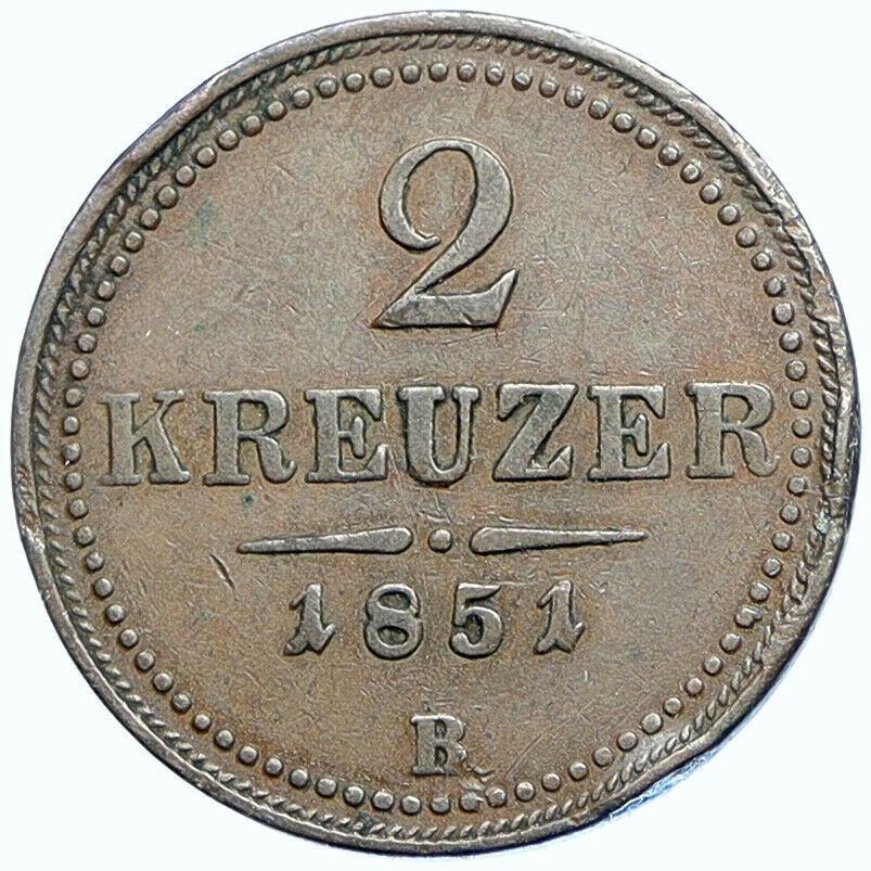 1851 B AUSTRIA KING FRANZ JOSEPH I Eagle Genuine Austrian 2 Kreuzer Coin i108399