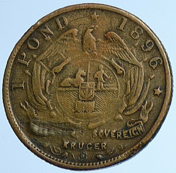 1896 SOUTH AFRICA President Johannes Paul Kruger Antique OLD 1 Pond Coin i108424