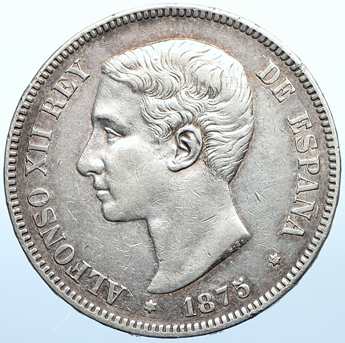 1875 SPAIN w King ALFONSO XII Antique OLD Silver 5 Pesetas SPANISH Coin i108408